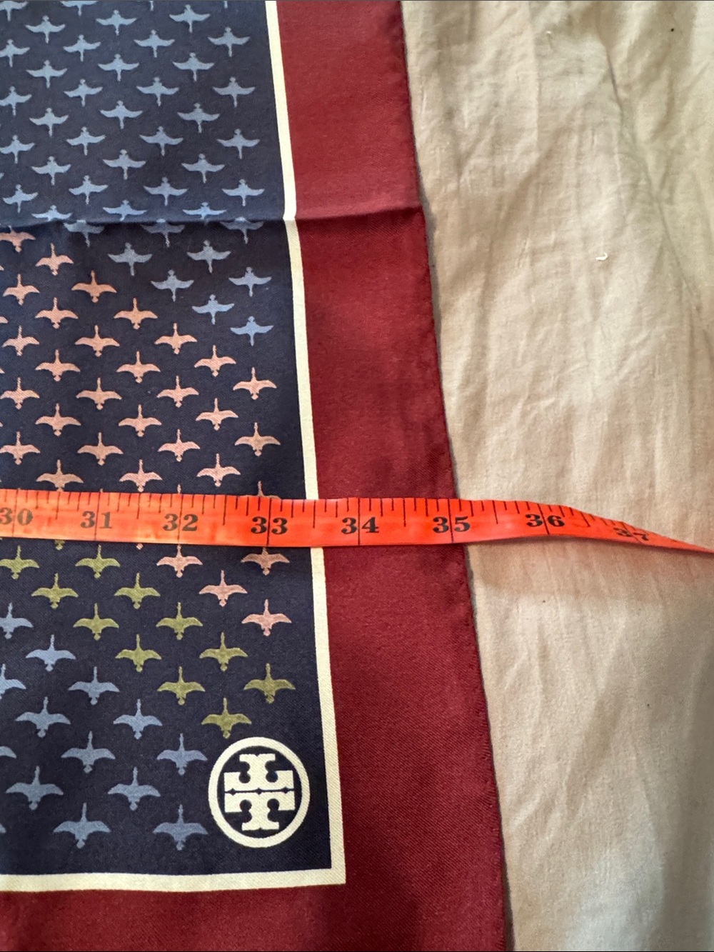 Tory Burch Navy and Burgundy Silk Logo-Motif Scarf - Picture 5 of 8